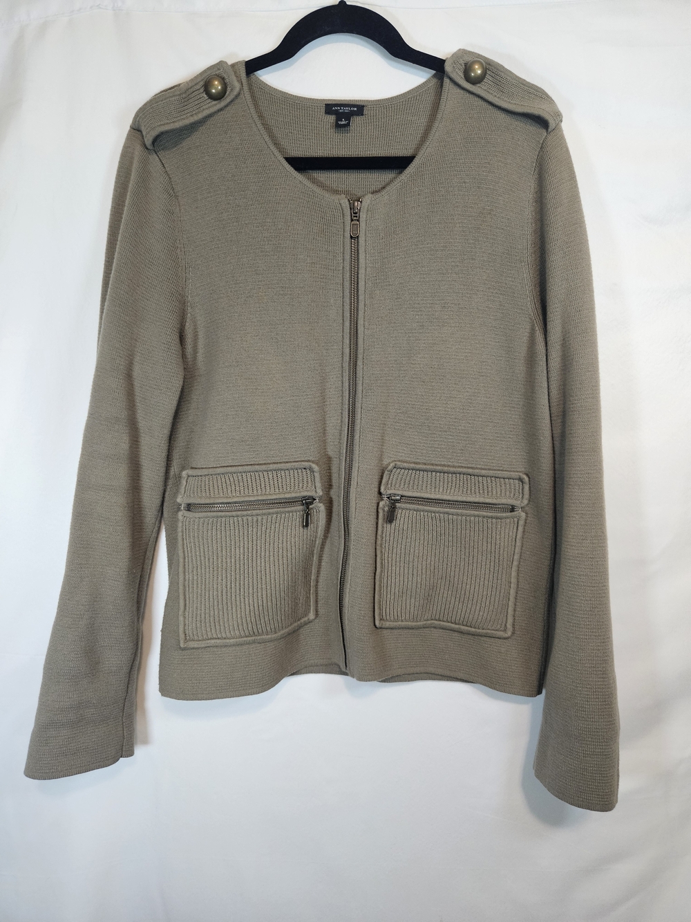 Ann Taylor Taupe Zip Front Military-Style Knit Jacket Cotton/Merino Wool